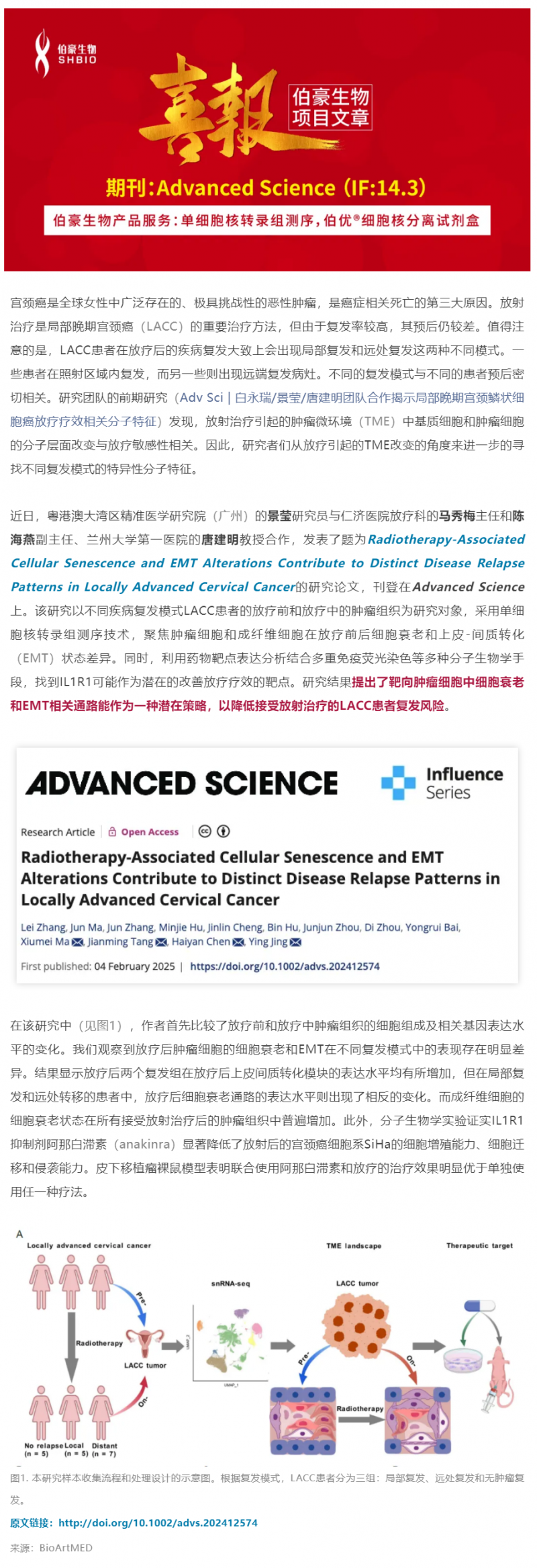 客户项目文章丨马秀梅_陈海燕_景莹_唐建明团队合作揭示细胞衰老和 EMT 调节局部晚期宫颈癌不同的疾病复