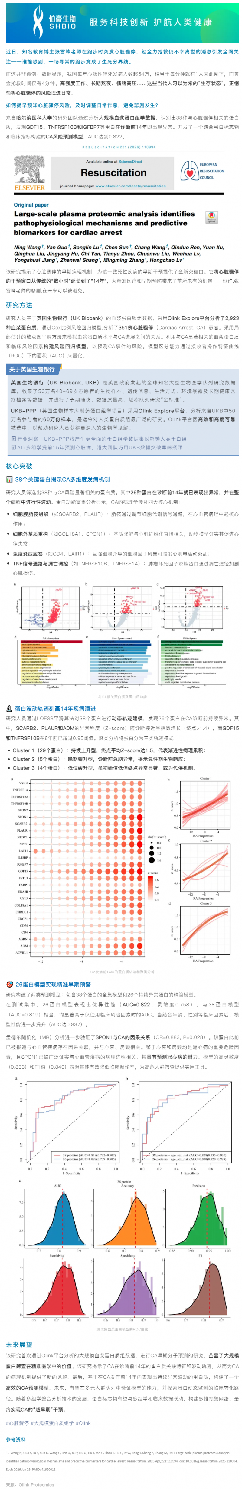 大规模血浆蛋白质组学揭示心脏骤停早期预警标志物：14 年前即可预测风险！